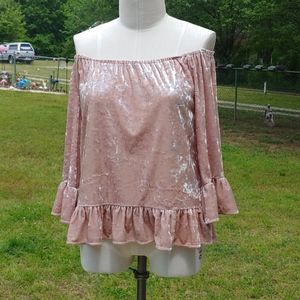 Sanctuary M Baby Pink Velour Off Shoulder Top